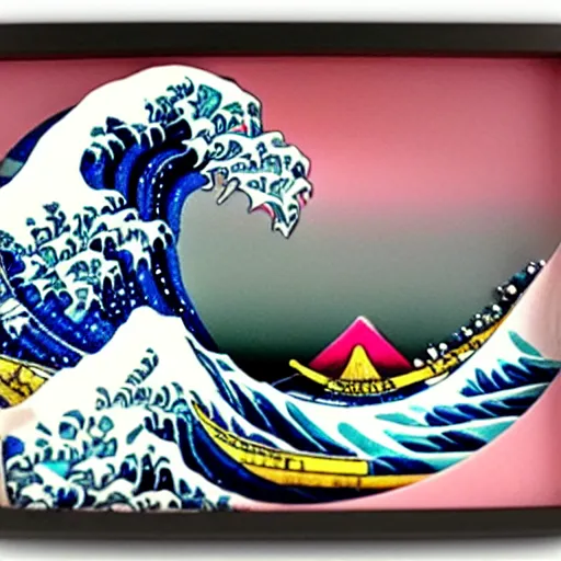 Image similar to carved diorama of the great wave off kanagawa with pink lava and fire, carved out of transparent marble with celadon glaze
