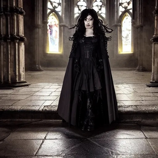 Image similar to emilia clarke as a goth temptress in a gloomy gothic cathedral at night