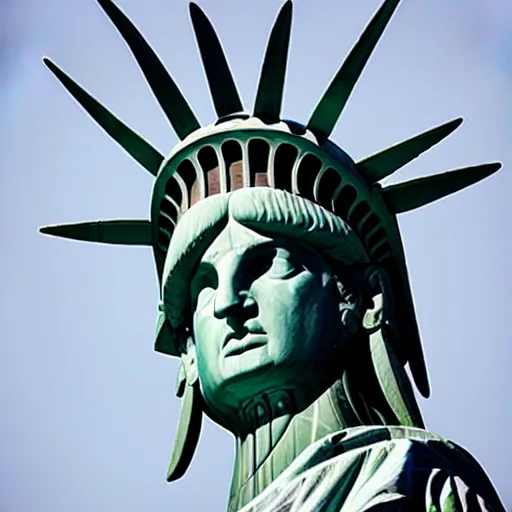 Image similar to the statue of liberty as a native indian with headdress, coper cladding