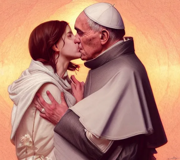 Image similar to photography of a pope kissing the breast of a sensual woman, deep focus, intricate, elegant, highly detailed, digital painting, artstation, concept art, matte, sharp focus, illustration, art by artgerm and greg rutkowski and alphonse mucha
