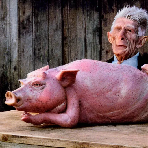 Image similar to roasting pig on a spit with samuel beckett's face