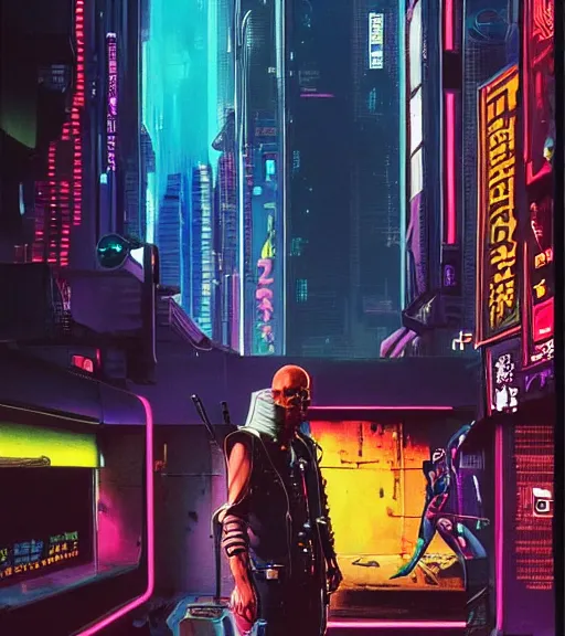 Image similar to a portrait of a cyberpunk merc, Night City, cyberpunk 2077, very very coherent painting, 1979 OMNI Magazine Cover, street level neo-Tokyo in cyberpunk 2020 style by Vincent Di Fate by mark arian by artgerm, 4k, 8k, HD, trending on artstation