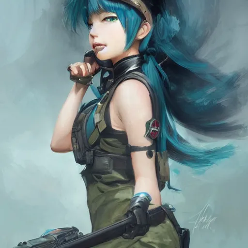 Image similar to portrait of a girly girl miku hatsune, epic, tragic, military art, fantasy, dieselpunk, hd shot, digital portrait, beautiful, artstation, comic style, by artgerm, guy denning, jakub rozalski, magali villeneuve and charlie bowater