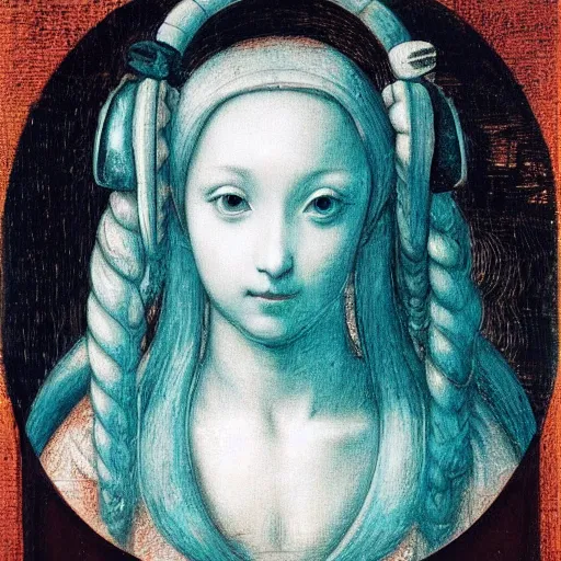Prompt: A classic portrait of Hatsune Miku with sparkly eyes as a religious symbol by Leonardo da Vinci, oil painting, year 1506, highly detailed, chiaroscuro