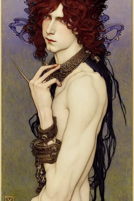 Image similar to edmund dulac, leyendecker, highly detailed portrait, a beautiful androgynous sebastian michaelis, long hair, tall and thin, wearing several pendants, art nouveau, stephen bliss, unreal engine, by greg rutkowski, loish, ferdinand knab, ilya kuvshinov, rossdraws, tom bagshaw, alphonse mucha, global illumination, radiant light