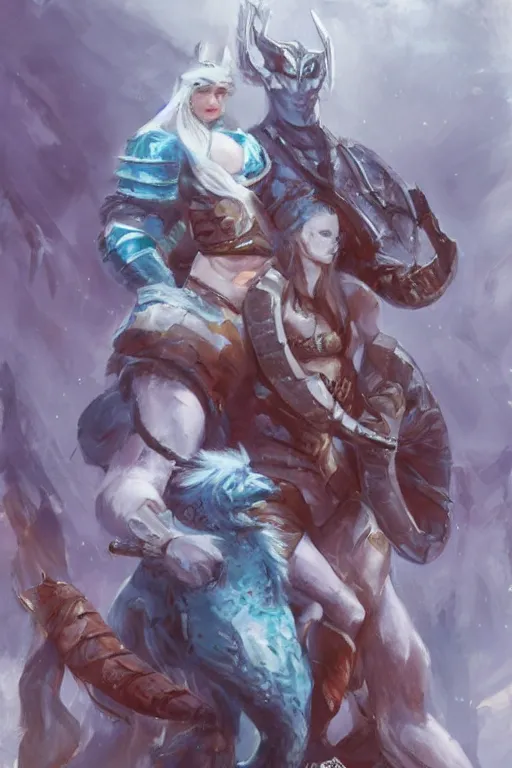 Image similar to a small blue-skinned triton girl wearing scale armor riding on a the shoulders of a large male goliath wearing fur and leather armor, dnd concept art, painting by ross tran and Tyler Jacobson