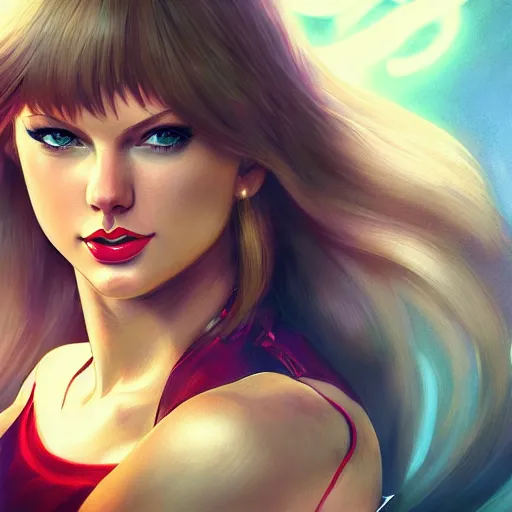 Prompt: taylor swift as a street fighter character, cg animation, capcom, realistic, character select portrait, by artgerm, greg rutkowski, alphonse mucha, 3 d