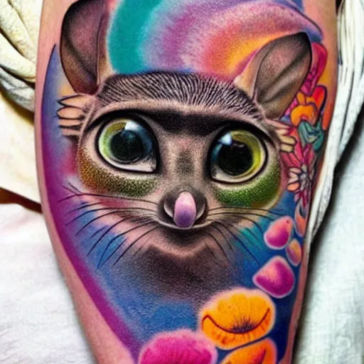 Image similar to shoulder tattoo of a multicolored trippy furry cute bushbaby with rainbow colored spiral eyes, surrounded with colorful shrooms and flowers, insanely integrate