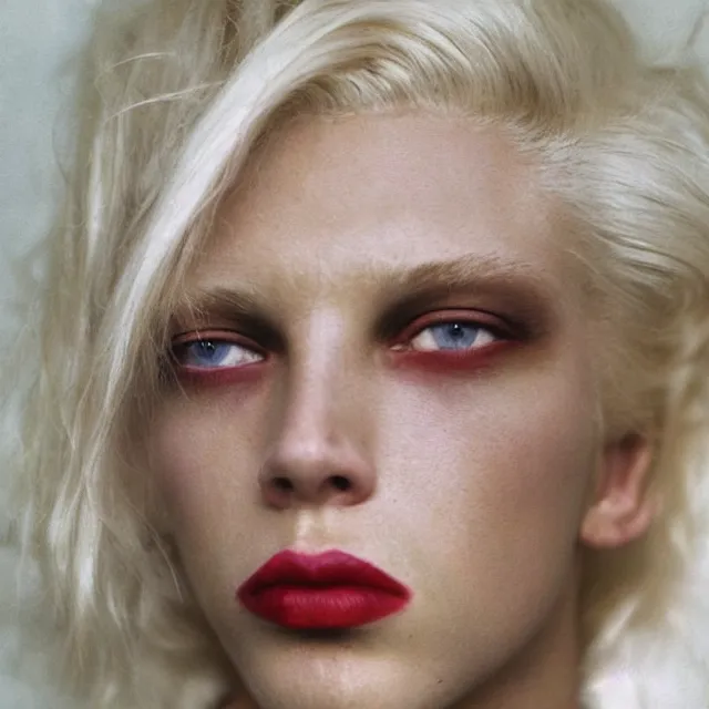 Image similar to a color photograph of a non binary model, platinum blonde, by nan goldin, intense, bold, hyperrealistic, ultra sharp, extra details, ultra high quality, trending on pinteresst