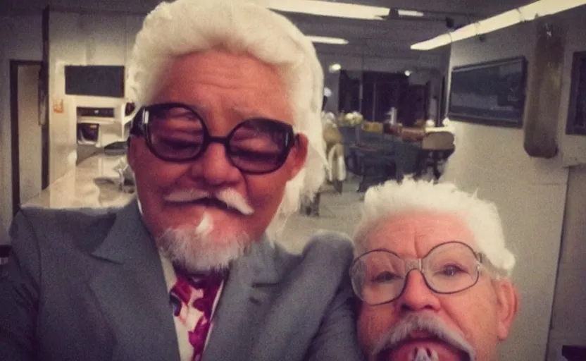 Image similar to my auntie that look like colonel sanders if he was poor asf accidentally taking a selfie, front camera, camera flash is so bright in his face, viral, selfie, viral on twitter, viral on instagram, viral photo