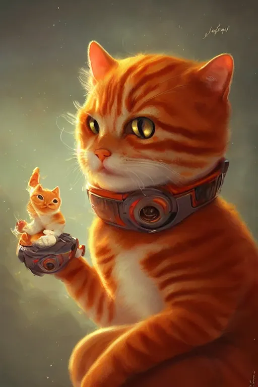 Image similar to cute anthropomorphic orange tabby cat dj mixing, cute and adorable, pretty, beautiful, art portrait, matte fantasy painting, Cg society Artstation, by Jason Felix by Steve Argyle by Tyler Jacobson by Peter Mohrbacher, cinematic lighting