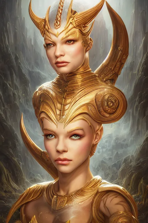 Image similar to portrait of a beautiful female hybrid atlantean anubis elsa jean, alien warrior regal, realistic, refined, detailed, digital art, jessica rossier, michael cheval, esao andrews, steampunk, walt disney ( 1 9 3 7 ), francois boucher, oil painting, highly detailed, cinematic lighting, unreal engine, 8 k, hd