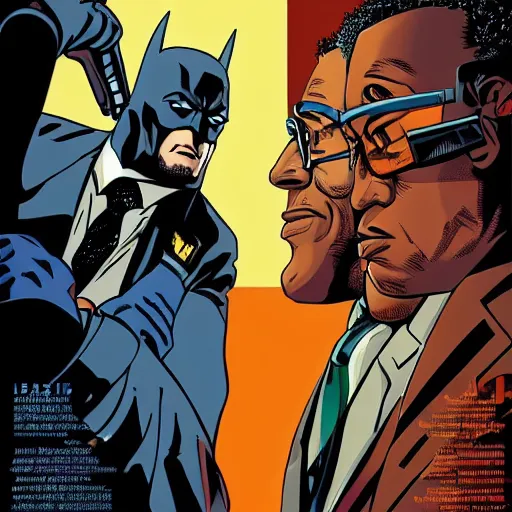 Image similar to batman versus gus fring, poster, movie poster, facing each other, side angle, imax, highly detailed, cel-shaded