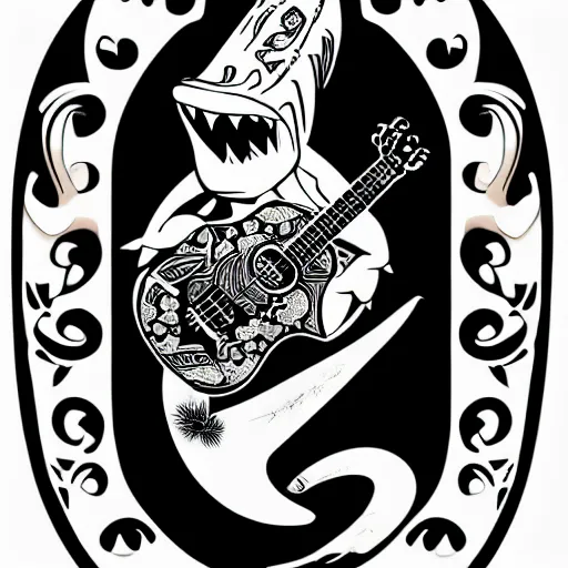 Image similar to Shark and guitar, roses and coins on the background logo, black and white, maori style