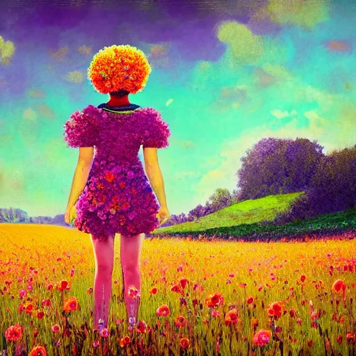 Image similar to large flower afro, full body, girl standing in the middle of a field with flowers, surreal photography, hills, sunrise dramatic light, impressionist painting, colorful clouds, digital painting, pointillism, artstation, simon stalenhag