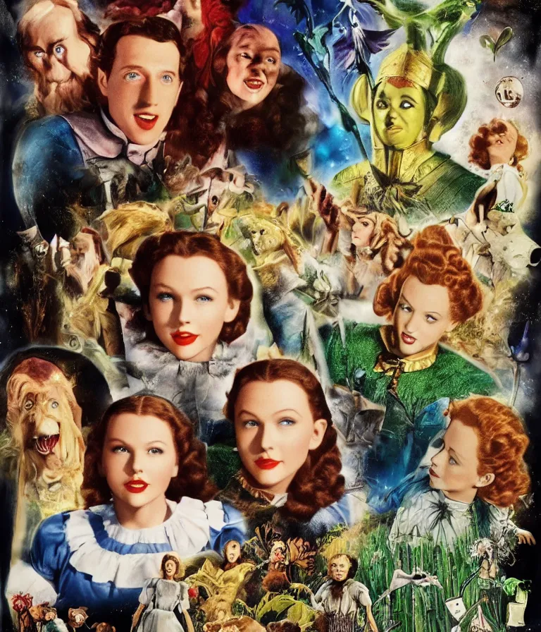 Image similar to Beautiful Fantasy Movie Poster made for the film The Wizard of Oz (1941) starring Taylor Swift and Mark Zuckerberg, minimalist oil paint and ink and photograph collage by Man Ray and Marcel Duchamp , Vivid color trending on artstation Cinematic lighting collage!! 8k