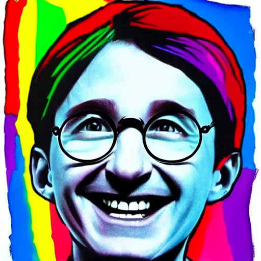 Prompt: rainbow excited smiling harry potter. pop art