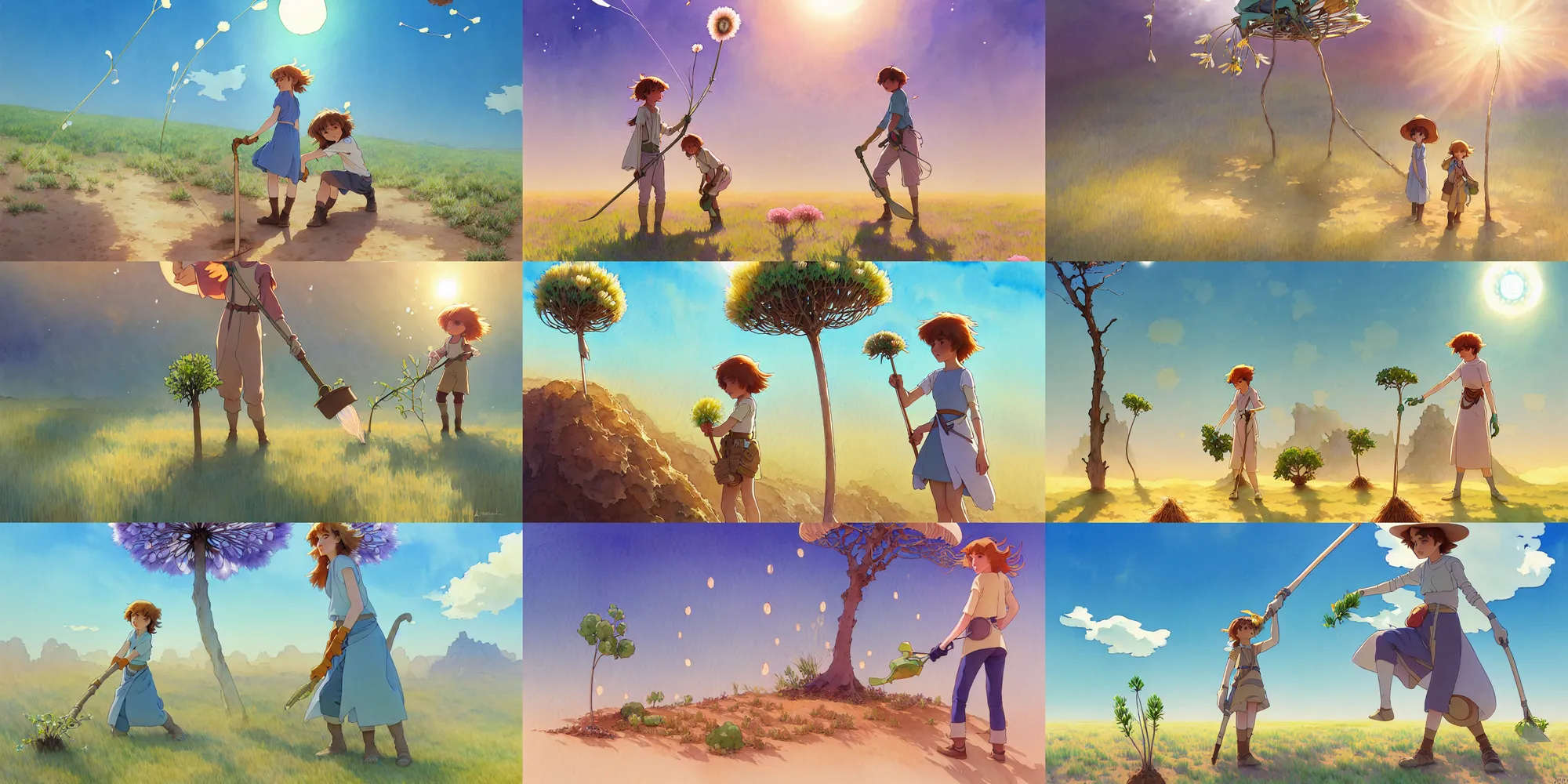 Prompt: a wholesome animation key shot of nausicaa planting trees alone in the dry parched desert, studio ghibli, pixar and disney animation, sharp, disney concept art watercolor illustration by mandy jurgens and alphonse mucha and alena aenami, pastel color palette, dandelion seed, bloom, dramatic lighting