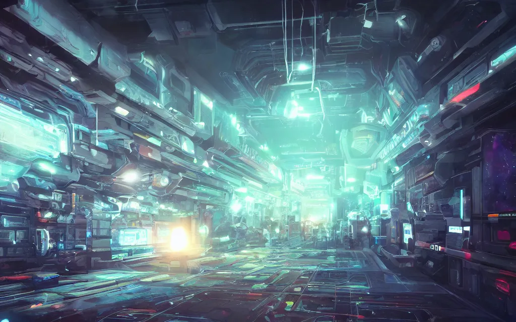 Prompt: multi dimensional transporter gate in space inside a bustling space bazaar, concept art, digital art, illustration, sharp focus, octane render, by julian calle, trending on artstation