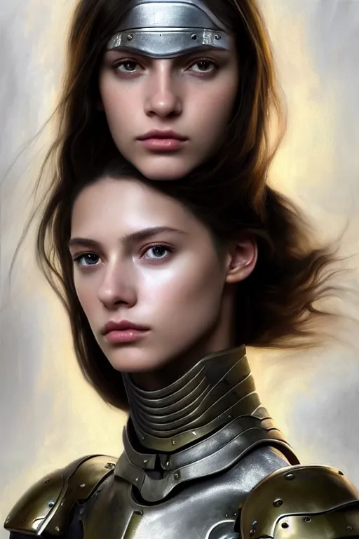 Image similar to a photorealistically painted portrait of an attractive young girl, partially clothed in dull metal-plated battle armor, olive skin, long dark hair, beautiful bone structure, symmetric facial features, perfect eyes, natural physique, intricate, elegant, digital painting, concept art, finely detailed, illustration, sharp focus, minimal artifacts, from Metal Gear, by Ruan Jia and Mandy Jurgens and Artgerm and William-Adolphe Bouguerea, in the style of Greg Rutkowski, trending on Artstation, award winning
