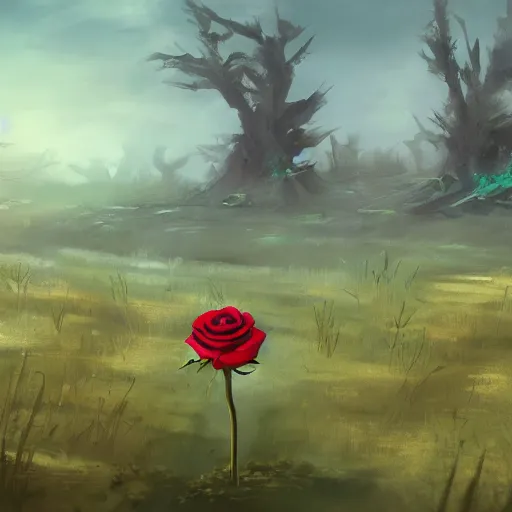 Image similar to a flower in a wasteland, one single flower, red rose, destroyed swampland, dead trees in background, one lone flower, concept art, style of magic the gathering