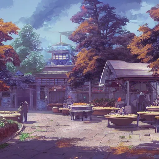 Image similar to concept art painting of a historic bakery with european and japanese architecture, in a woodland village surrounded by trees, realistic, detailed, cel shaded, in the style of makoto shinkai and greg rutkowski and james gurney