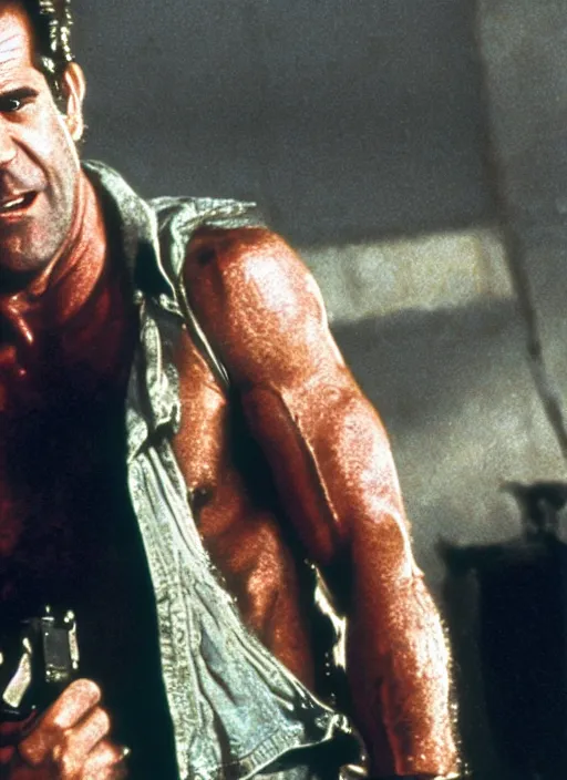 Image similar to film still of Mel Gibson as John McClane in Die Hard, 4k