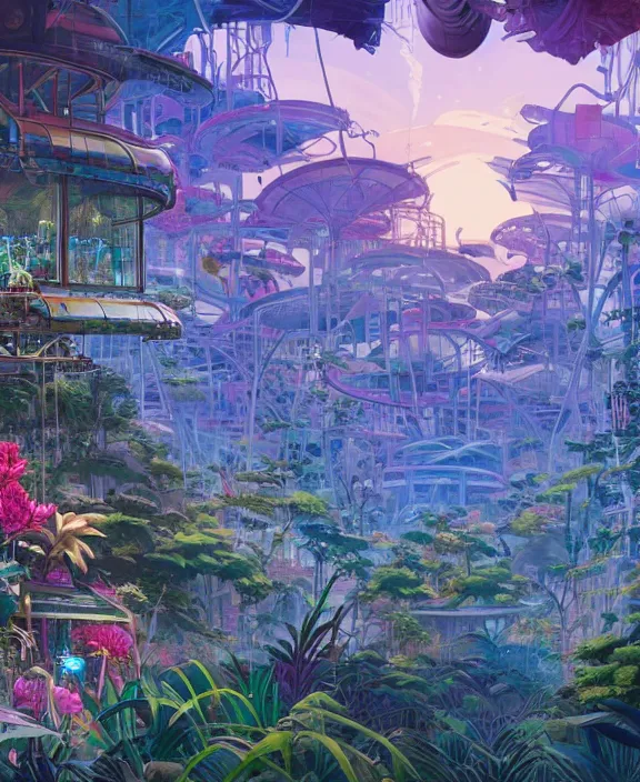 Image similar to simplicity, an amusement park made out of predatory organic creatures, in the style of an asymmetrical spaceship, overgrown with orchids, partly cloudy, sun - drenched, by dan mumford, yusuke murata, makoto shinkai, ross tran, cinematic, unreal engine, cel shaded, featured on artstation, pixiv