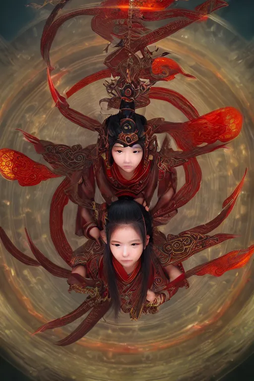 Image similar to nezha flies around swiftly on his wind flame circles, chinese mythology, top view, cinematic, fantasy character portrait, highly detailed, by new gods : nezha reborn, nezha : birth of the demon child,