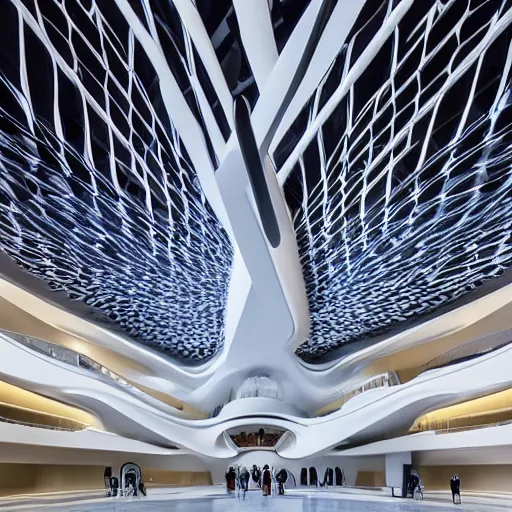 Image similar to stunning beautiful futuristic museum interior by Zaha Hadid, dragonfly wings pattern