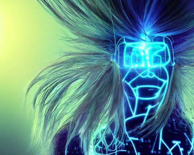 Image similar to glowing hair, complex cybernetic beings, beautiful hairy humanoids, cybermagnetosphere, cybernetic civilizations, ornate hair, love, joy, vortexes, large arrays, data holograms, 8 k, cinematic light shadows, wet hdr refractions, *, * * *, * * * * *