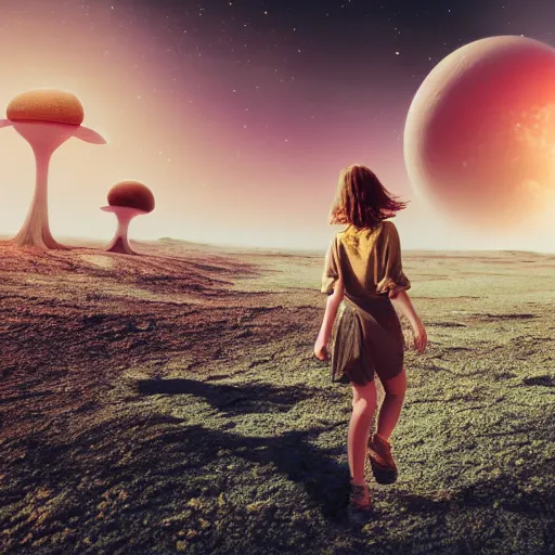 Prompt: girl walking on an alien planet