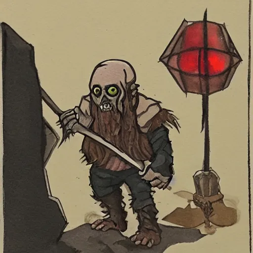 Image similar to gouache of a dwarf necromancer fixing up a zombie