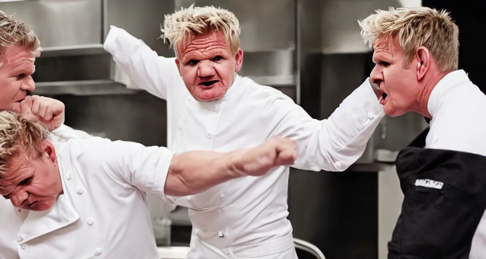 Image similar to photo of angry furious Gordon Ramsay punching Gordon Ramsay at the kitchen