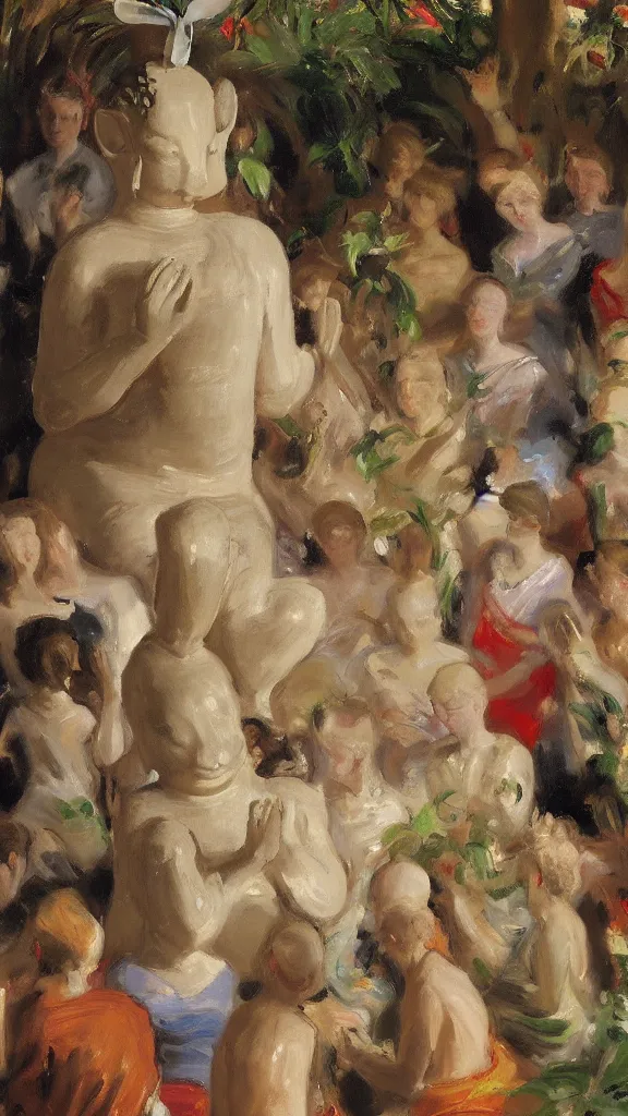 Prompt: a budda rabbit statue between crowd of people prayers in a botanical room by john singer sargent