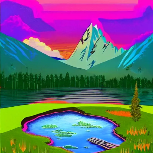 Prompt: digital painting of mountain landscape with a lake and character near the water by philip sue art, by philip sue, contest winner on behance, synthwave style