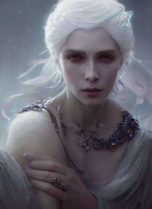 Prompt: a beautiful white haired princess, adorned with precious stone jewelry, intricate concept art, ethereal, ominous, dark fantasy, misty, dramatic lighting, dark background, octane render, 8 k, ruan jia and tom bagshaw and alphonse mucha and marc simonetti