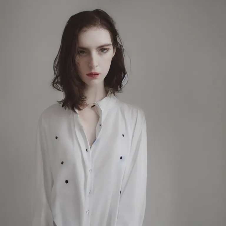 Image similar to cute sasha blouse in a white room, beautiful face, pale skin, rule of thirds, cinematic lighting, rainy weather, melancholy atmosphere, sharp focus, backlit, stunning, model agency, smooth, hard focus, full body shot, instagram photo, shot on iphone 1 3 pro max, hyper realistic,