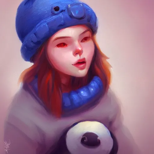 Image similar to a cute penguin with a huge blue beanie, award winning digital art, by Mandy Jurgens, artstation, pretty, beatiful, cute, portrait, character, by Rachel Walpole