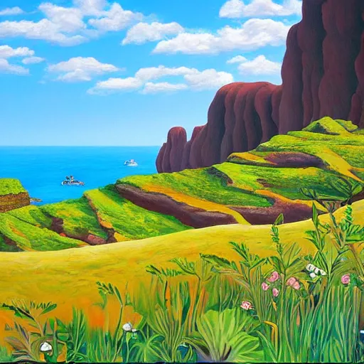 Prompt: painting of a lush natural scene on an alien planet by april gornik. beautiful landscape. colourful weird vegetation. cliffs and water.