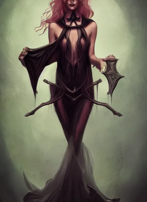 Image similar to tarot!!, high priestess, no noise, elegant, concept art, sharp focus, beautiful face!!, digital art, smooth defined outlines!!, human anatomy, human structure, vector background, dark fairy queen, by Brom, trending on Artstation, Tom Bagshaw, Sargent