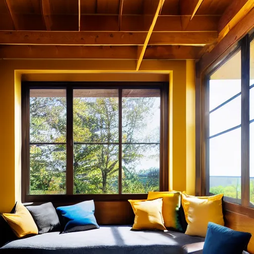 Prompt: interior desing magazine photo of a big window with a wooden frame to sit on, some sandy yellow pillows, great architecture, ambient light, 8k