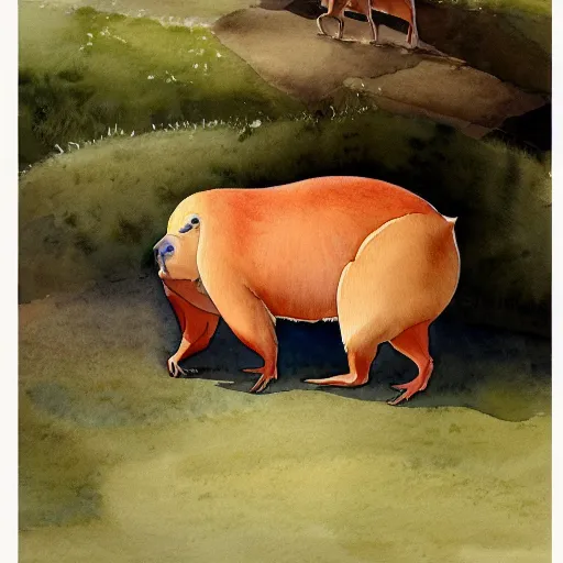 Image similar to a beautiful watercolor painting of an enormous capybara, by Antonio Guidotti, ghibli studio, detailed, matte art, trending on artstation,