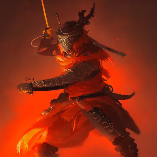 Image similar to commission portrait of a orange wolf dressed as a samurai holding a katana,dramatic,character design by charles bowater,greg rutkowski,ross tran,hyperdetailed,hyperrealistic,4k,deviantart,artstation,professional photography,concept art