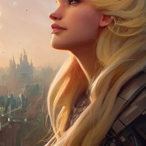 Image similar to highly detailed closeup portrait of a beautiful blonde female cyborg, in disney, stephen bliss, unreal engine, art by greg rutkowski, loish, rhads, ferdinand knab, makoto shinkai and lois van baarle, ilya kuvshinov, rossdraws, tom bagshaw, global illumination, radiant light, detailed and intricate environment