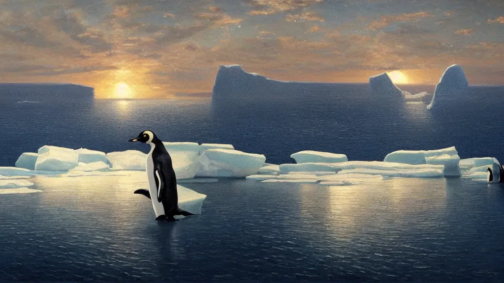 Image similar to the most beautiful panoramic landscape, oil painting, where a giant iceberg is lost in middle of the artic ocean, a giant penguin is exhaling steam while walking over the iceberg, there is nothing else, the artic ocean is reflecting the giant penguin over the iceberg and the ray lights of the sunset are brightening him, by greg rutkowski, minimal style,