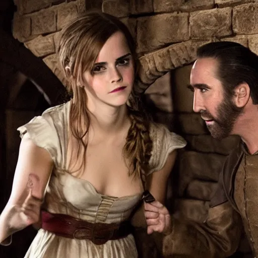 Image similar to photography emma watson fight with nicholas cage in a medieval wine cellar cinematic