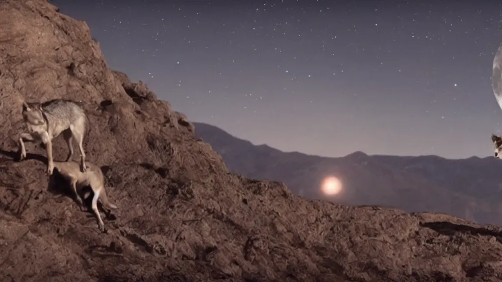 Prompt: epic cinematic shot of david bowie riding a (wolf) at night on a cliff with the moon in the background;