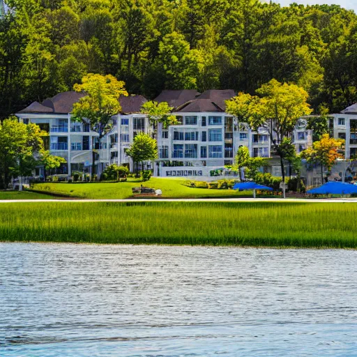 Prompt: A beautiful resort alongside a lake in Maryland. The lake also has sand surrounding it. The sun is shining and can be seen reflecting off of mountains in the distance