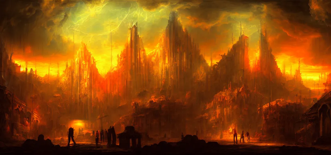 Prompt: baroque oil painting of environment of a hell portal in a cyberpunk world, brutalist, dark fantasy, sunset, rule of thirds, digital cel shading, fake hidden detail, trending on pixiv fanbox